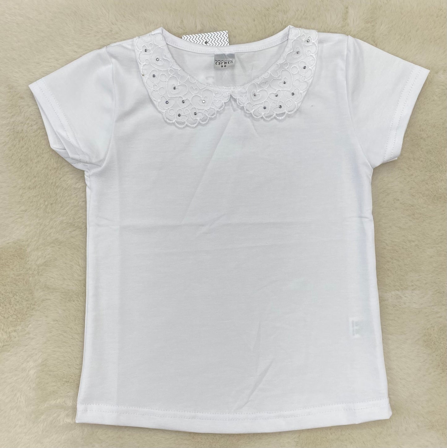 Biała bluzka krótki rękaw KOŁNIERZYK ROZMIARY 98-140 CARMEN